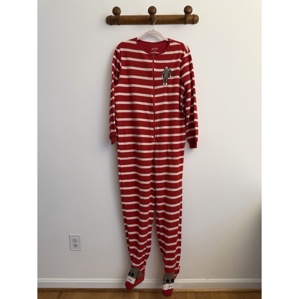 Vintage Nick & Nora Sock Monkey Footed Pajamas One Piece Red White Striped M Y2K